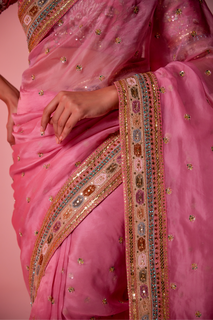 Pink silk organza multi-color embroidered Saree with elbow sleeve blouse