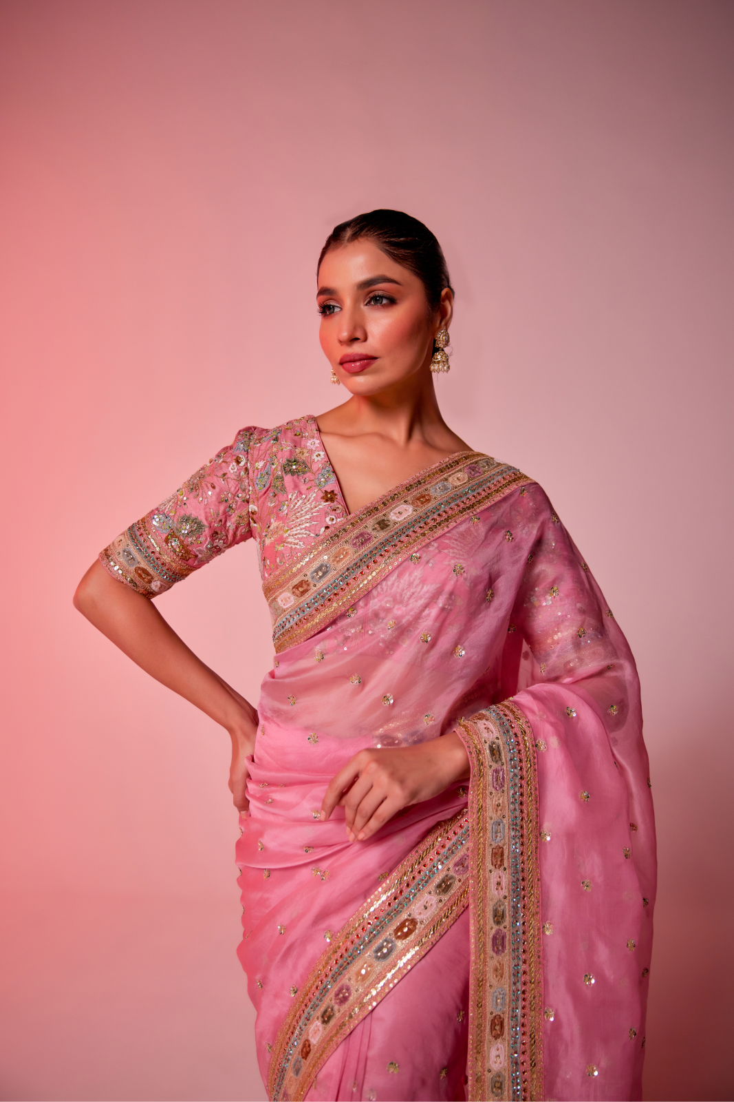 Pink silk organza multi-color embroidered Saree with elbow sleeve blouse