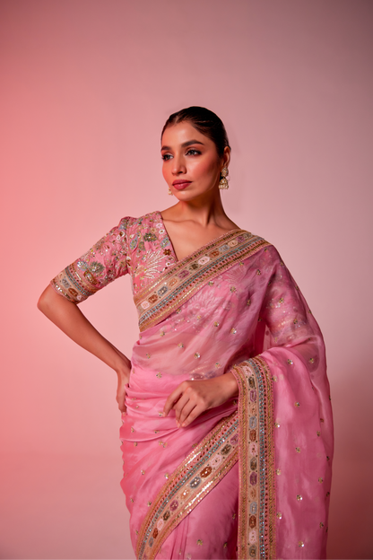 Pink silk organza multi-color embroidered Saree with elbow sleeve blouse