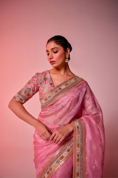 Pink silk organza multi-color embroidered Saree with elbow sleeve blouse