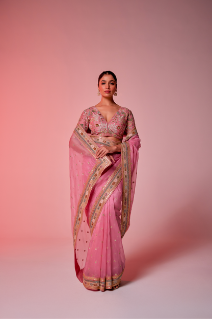 Pink silk organza multi-color embroidered Saree with elbow sleeve blouse