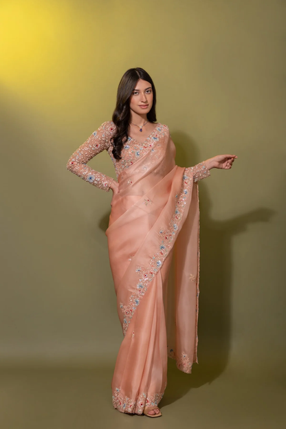 Peach silk organza multi-color embroidered Saree with full sleeve blouse