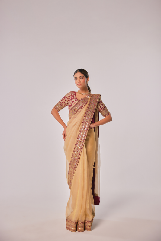 Champagne gold crush tissue embroidered Saree with elbow sleeve blouse