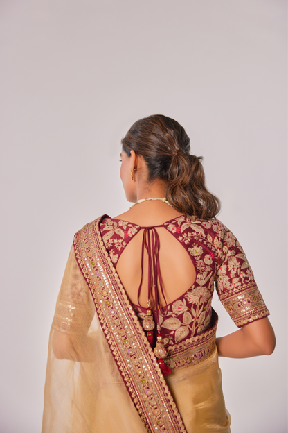 Champagne gold crush tissue embroidered Saree with elbow sleeve blouse