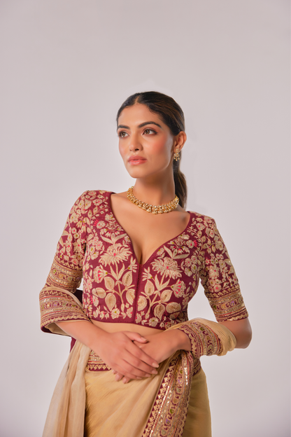 Champagne gold crush tissue embroidered Saree with elbow sleeve blouse