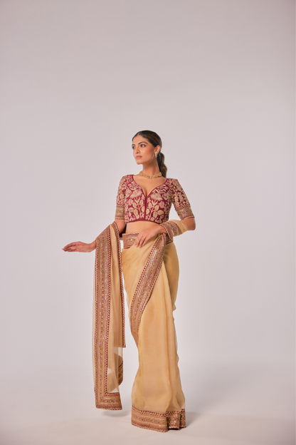 Champagne gold crush tissue embroidered Saree with elbow sleeve blouse