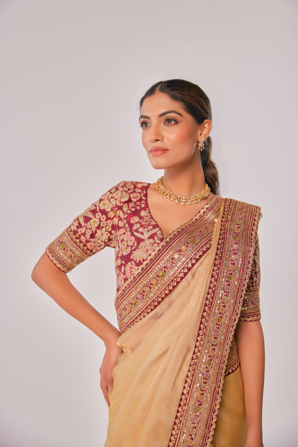 Champagne gold crush tissue embroidered Saree with elbow sleeve blouse