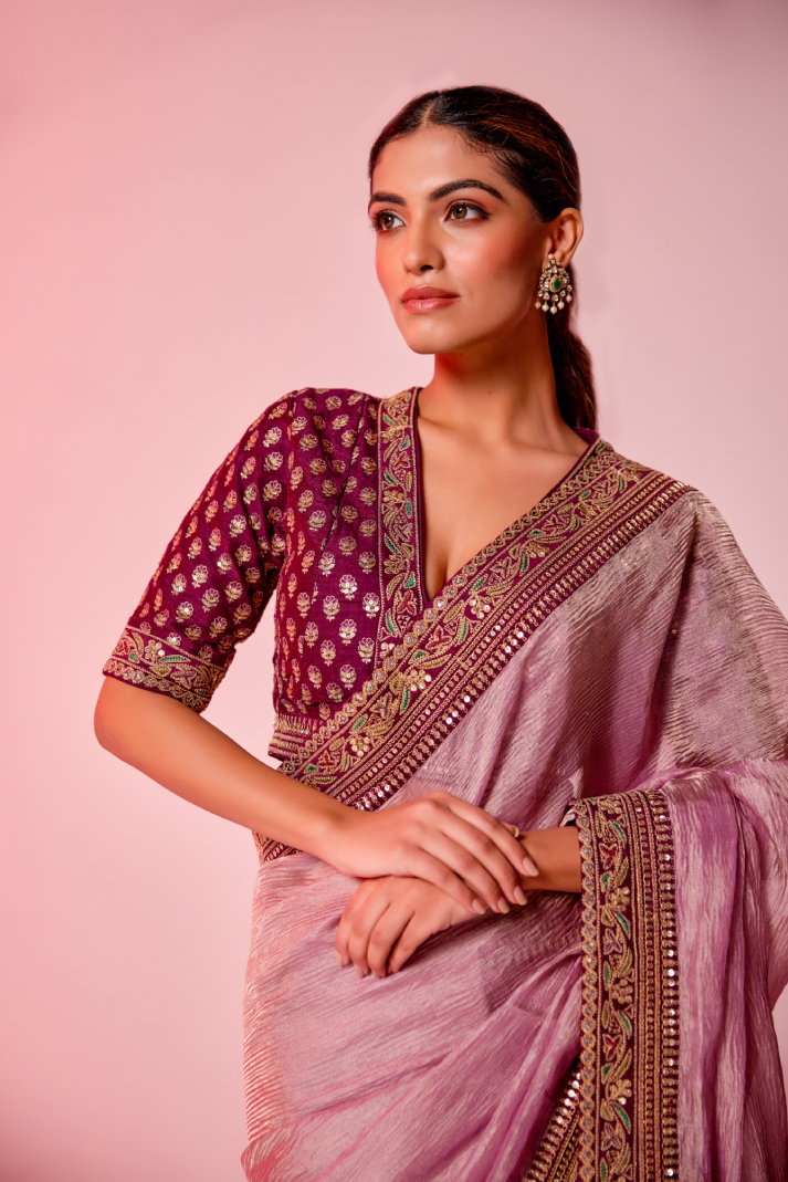 Lilac crush tissue embroidered Saree with elbow sleeve blouse