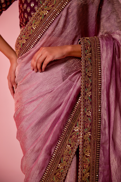 Lilac crush tissue embroidered Saree with elbow sleeve blouse