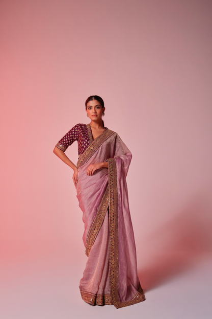 Lilac crush tissue embroidered Saree with elbow sleeve blouse