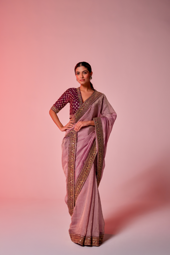 Lilac crush tissue embroidered Saree with elbow sleeve blouse