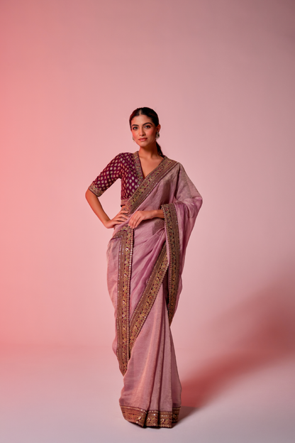 Lilac crush tissue embroidered Saree with elbow sleeve blouse