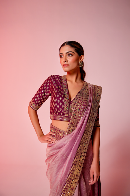 Lilac crush tissue embroidered Saree with elbow sleeve blouse