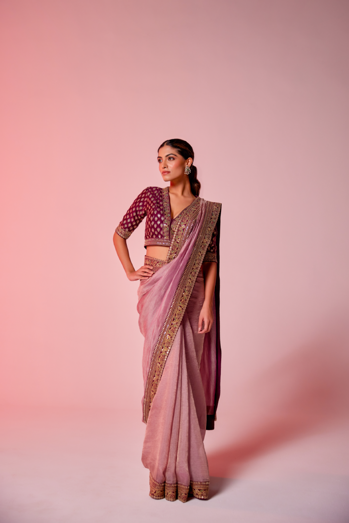 Lilac crush tissue embroidered Saree with elbow sleeve blouse