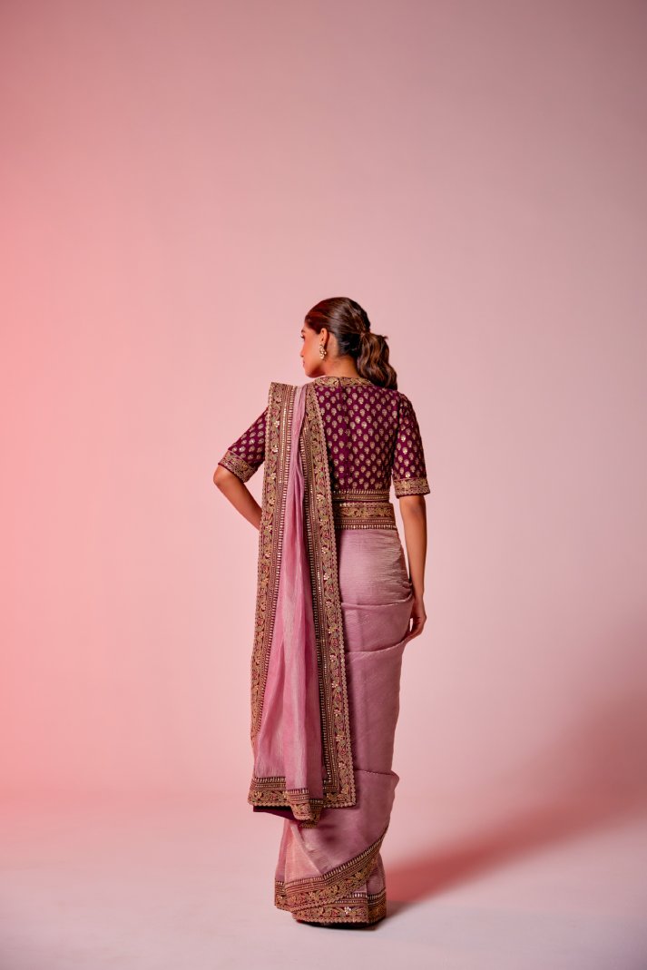 Lilac crush tissue embroidered Saree with elbow sleeve blouse