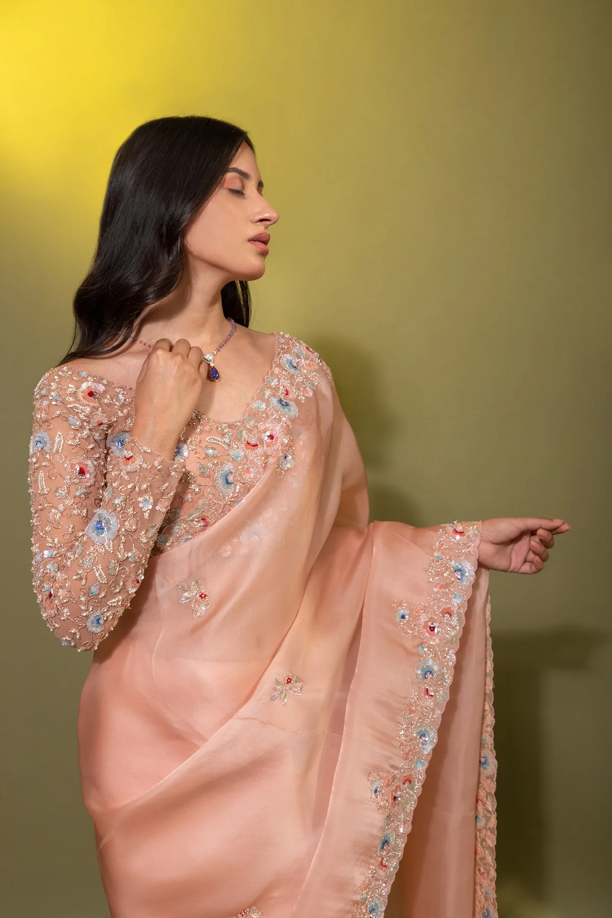 Peach silk organza multi-color embroidered Saree with full sleeve blouse