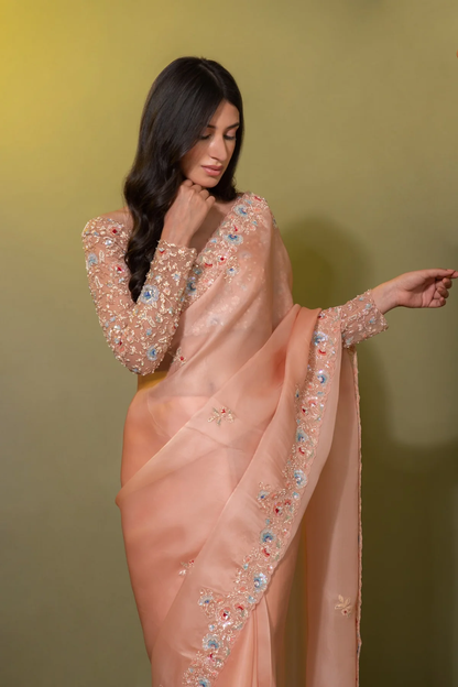 Peach silk organza multi-color embroidered Saree with full sleeve blouse