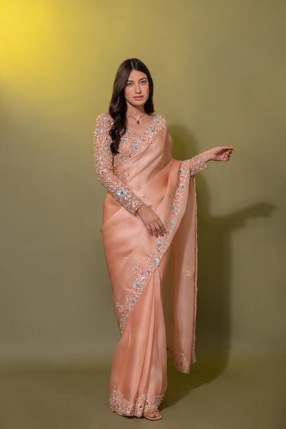 Peach silk organza multi-color embroidered Saree with full sleeve blouse