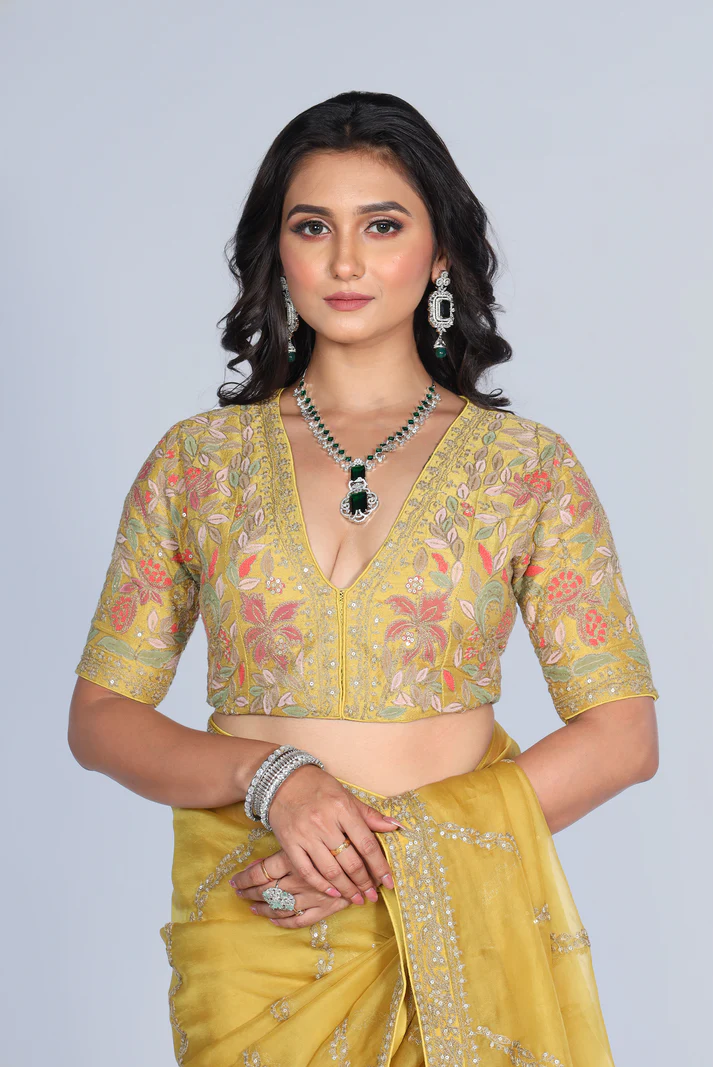 Yellow silk organza embroidered Saree with multi-color elbow sleeve blouse